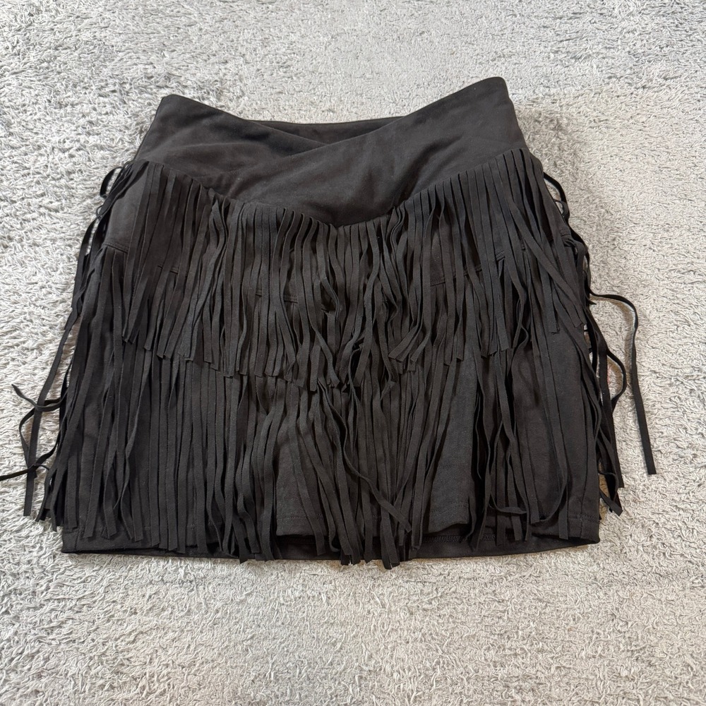 Halara Womens Fringe Skort Size S Black Suede Like Festival Western Mini Skirt